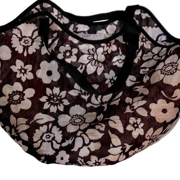 Elegant Brown and Beige Floral Tote Bag, Heavy Nylon Feel T5 - Picture 2 of 4